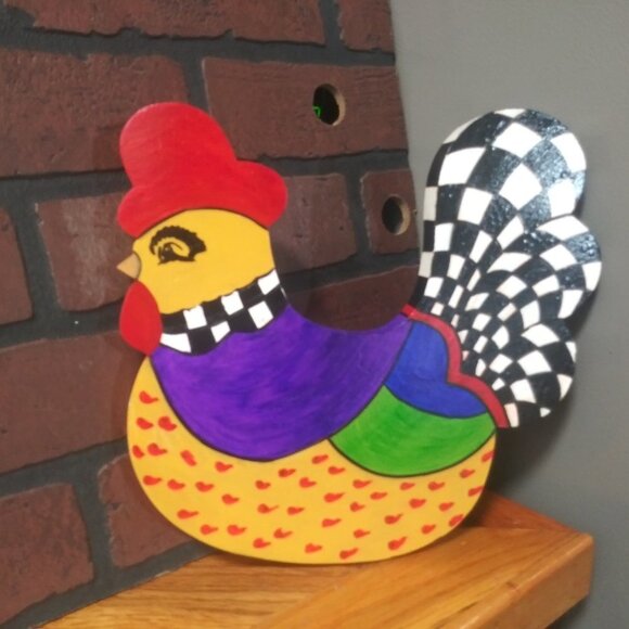 whimsical Rooster Figurine wood wall-hanging Multicolor & black white checkered - Picture 1 of 15